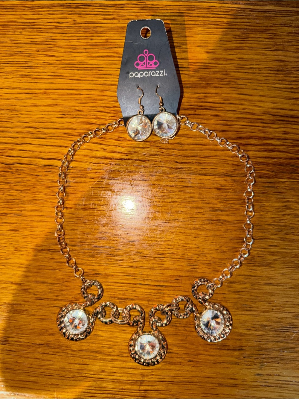 paparazzi Gold Necklace and Earring Set with Clear Crystals